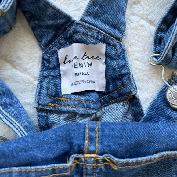 Love Tree | Denim Overall Shorts Shortalls Raw Hem Cuff Shorts | Size Small - Picture 6 of 9